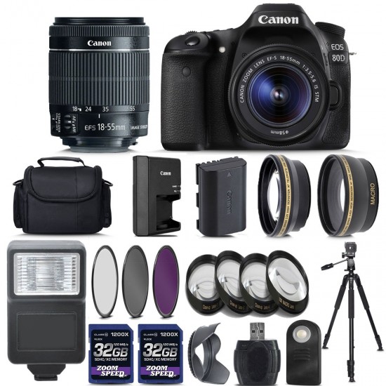 Canon EOS 80D Digital SLR Camera + 18-55mm is STM Lens + 2 X 32GB + Telephoto + Wide-Angle Lens + 4PC Macro Kit + 3PC Filter Kit + Flash + Case + Tripod - International Version