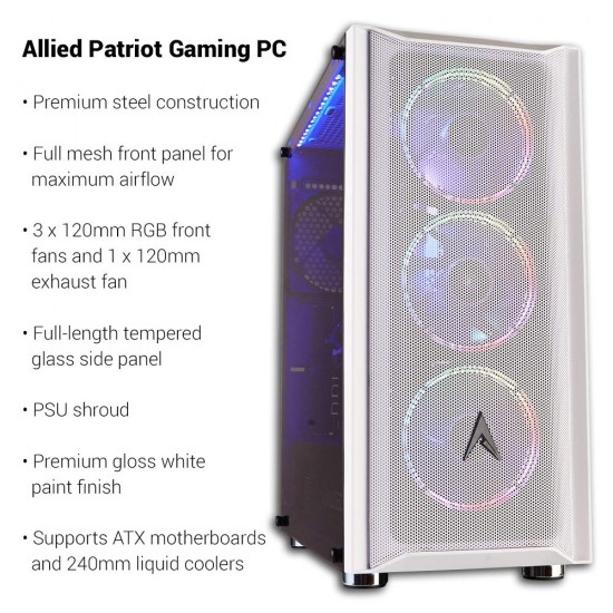 Allied Patriot Liquid Cool Desktop Gaming PC: Intel Core i-7 10700K, RTX 3070 Super 8GB, 120mm LC, 16GB 3000MHz, 512GB PCI-E NVMe SSD, B460 Motherboard, 600W 80+ Gold Certified, ARGB Fans, WiFi Ready